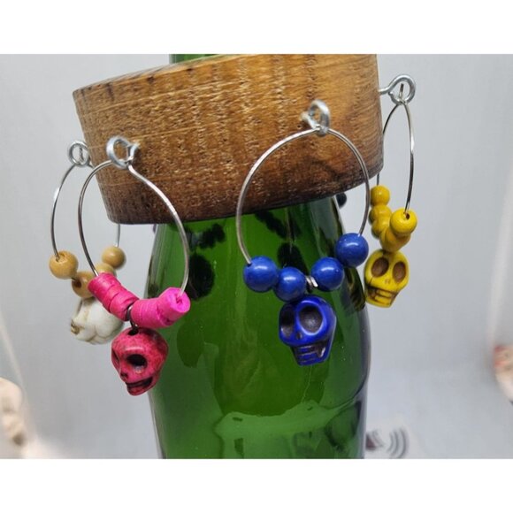 Skull Colorful Wine Glass Charms Set - 6  Themed Unique Charms With Beads & Wood - Picture 14 of 14